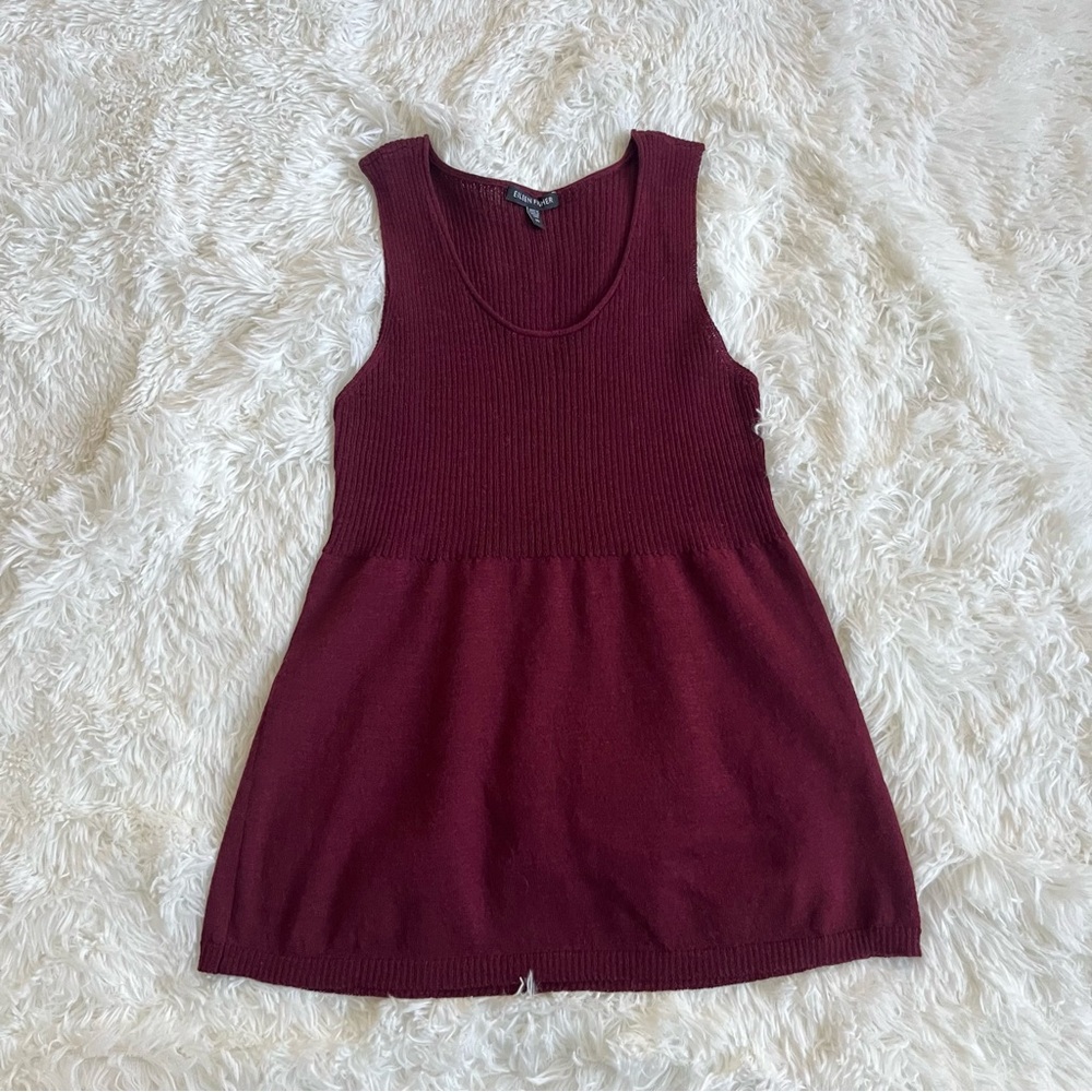 Eileen Fisher 100% Wool Babydoll Tank Top Shirt Ribbed Maroon Scoop Neck XS